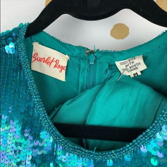 Scarlet Rage Vintage Silk Sequin Teal Mini Dress M - Picture 2 of 7